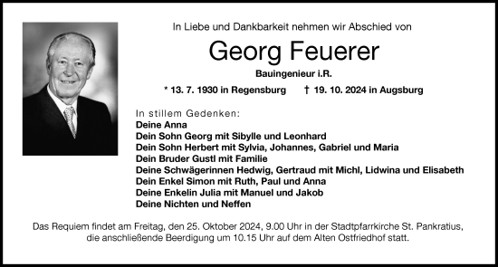 Traueranzeige von Georg Feuerer von Augsburger Allgemeine