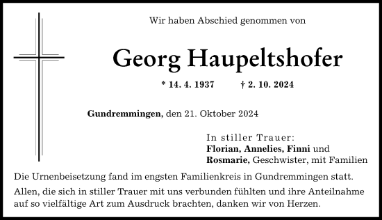 Traueranzeige von Georg Haupeltshofer von Günzburger Zeitung