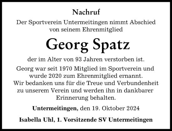 Traueranzeige von Georg Spatz von Schwabmünchner Allgemeine