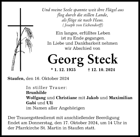 Traueranzeige von Georg Steck von Donau Zeitung