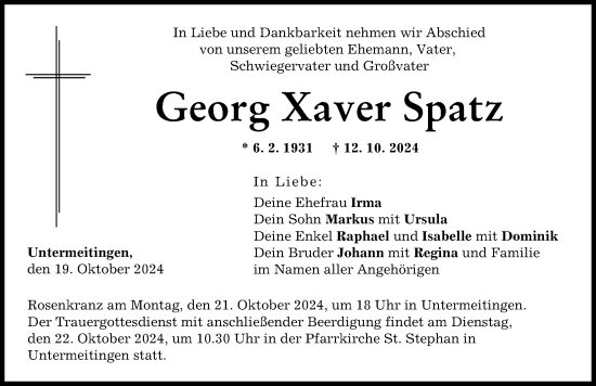 Traueranzeige von Georg Xaver Spatz von Schwabmünchner Allgemeine, Landsberger Tagblatt