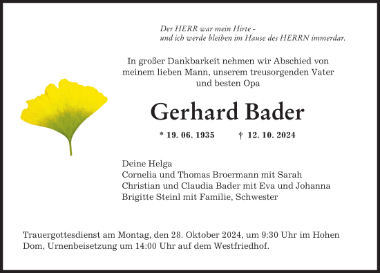 Traueranzeige von Gerhard Bader von Augsburger Allgemeine