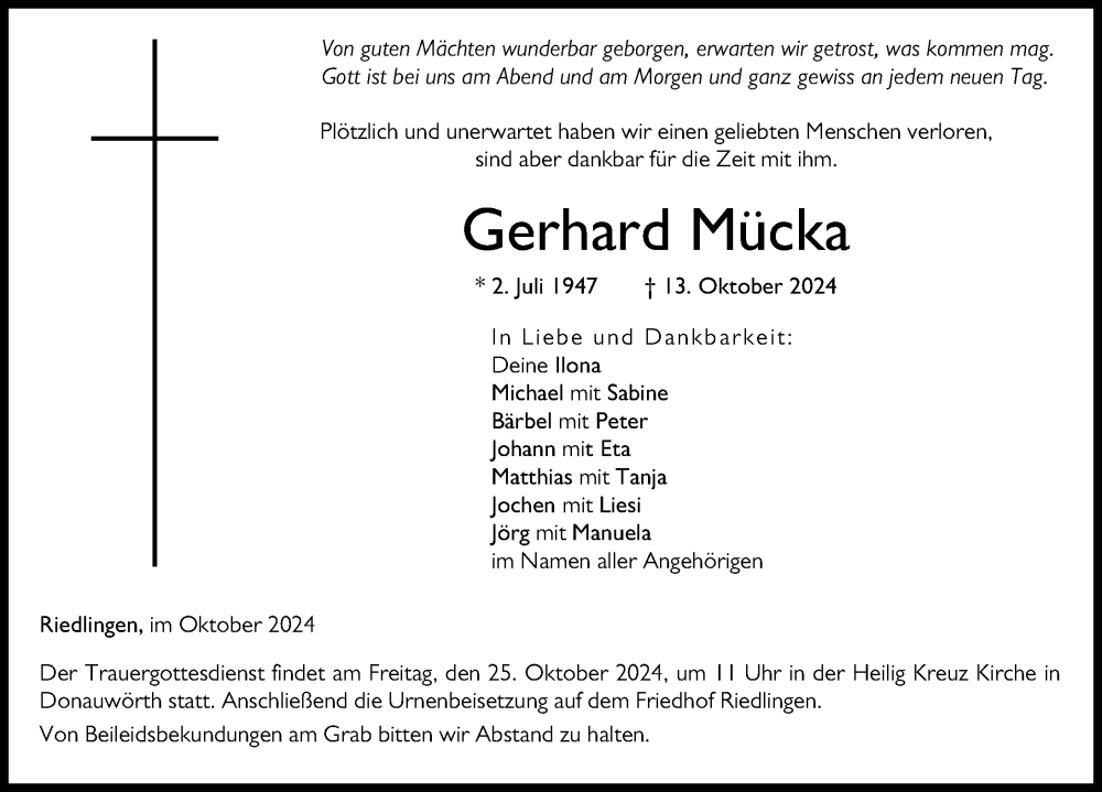  Traueranzeige für Gerhard Mücka vom 21.10.2024 aus Donauwörther Zeitung