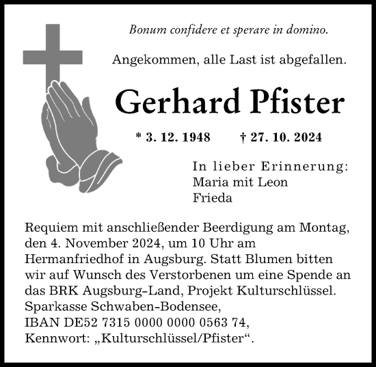 Traueranzeige von Gerhard Pfister von Augsburger Allgemeine