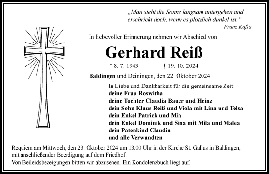 Traueranzeige von Gerhard Reiß von Rieser Nachrichten