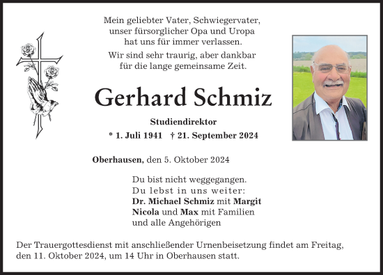 Traueranzeige von Gerhard Schmiz von Neuburger Rundschau