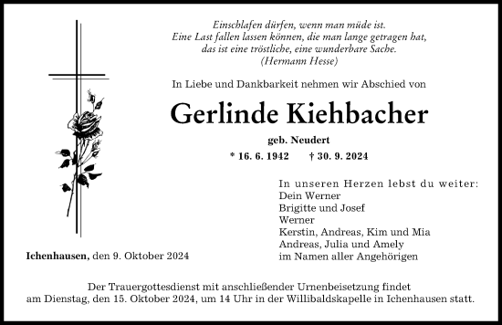 Traueranzeige von Gerlinde Kiehbacher von Günzburger Zeitung