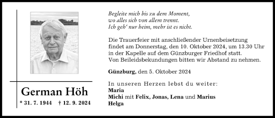 Traueranzeige von German Höh von Günzburger Zeitung