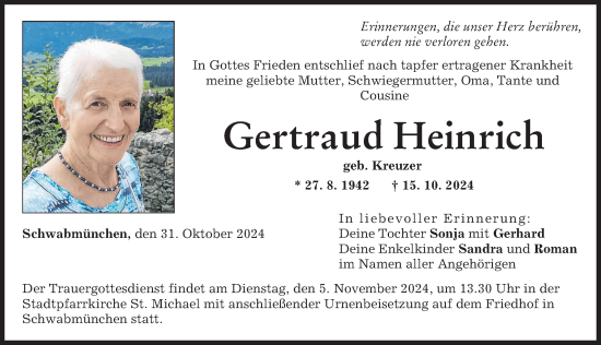 Traueranzeige von Gertraud Heinrich von Schwabmünchner Allgemeine