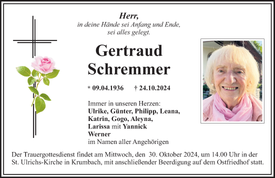 Traueranzeige von Gertraud Schremmer von Mittelschwäbische Nachrichten
