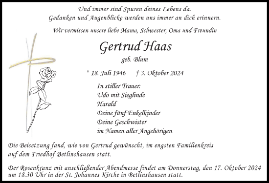 Traueranzeige von Gertrud Haas von Illertisser Zeitung