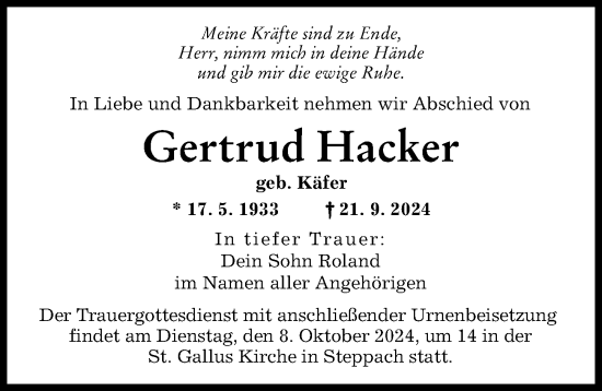 Traueranzeige von Gertrud Hacker von Augsburg-Land