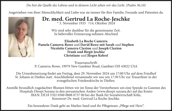 Traueranzeige von Gertrud La Roche-Jeschke von Ammersee Kurier