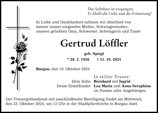 Traueranzeige von Gertrud Löffler von Günzburger Zeitung