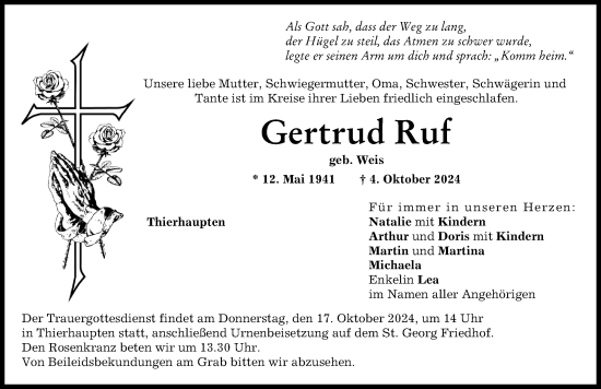 Traueranzeige von Gertrud Ruf von Augsburg-Land