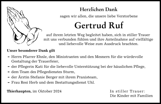 Traueranzeige von Gertrud Ruf von Augsburg-Land