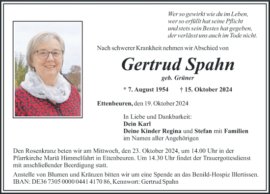 Traueranzeige von Gertrud Spahn von Günzburger Zeitung