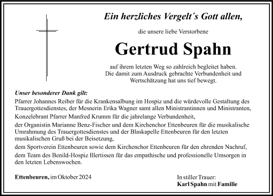 Traueranzeige von Gertrud Spahn von Günzburger Zeitung