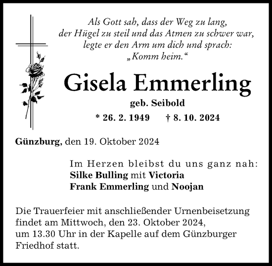 Traueranzeige von Gisela Emmerling von Günzburger Zeitung