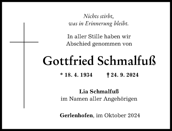 Traueranzeige von Gottfried Schmalfuß von Neu-Ulmer Zeitung