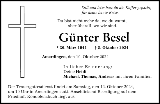 Traueranzeige von Günter Besel von Rieser Nachrichten, Donau Zeitung