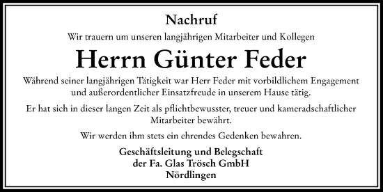 Traueranzeige von Günter Feder von Rieser Nachrichten