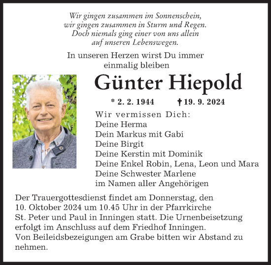 Traueranzeige von Günter Hiepold von Augsburger Allgemeine