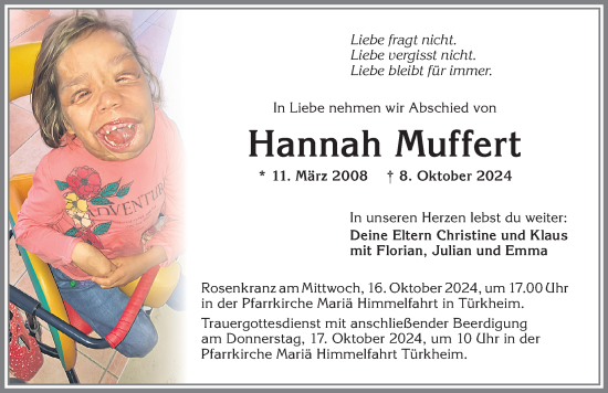 Traueranzeige von Hannah Muffert von Mindelheimer Zeitung