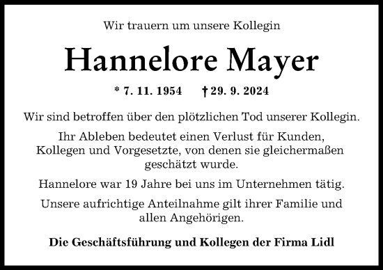 Traueranzeige von Hannelore Mayer von Augsburger Allgemeine