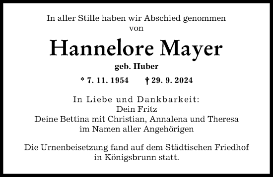 Traueranzeige von Hannelore Mayer von Augsburger Allgemeine