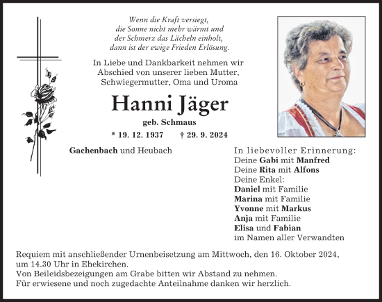 Traueranzeige von Hanni Jäger von Neuburger Rundschau