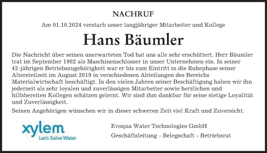 Traueranzeige von Hans Bäumler von Mittelschwäbische Nachrichten, Günzburger Zeitung