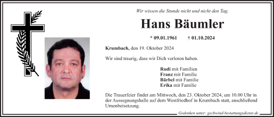 Traueranzeige von Hans Bäumler von Mittelschwäbische Nachrichten