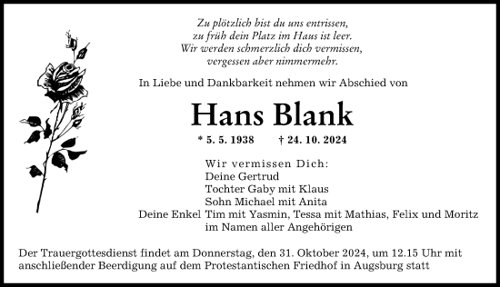 Traueranzeige von Hans Blank von Augsburger Allgemeine