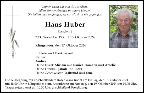 Traueranzeige von Hans Huber von Neuburger Rundschau