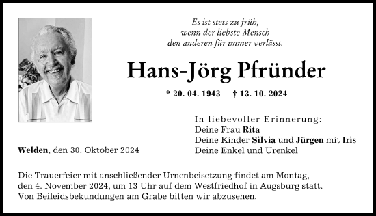 Traueranzeige von Hans-Jörg Pfründer von Augsburger Allgemeine