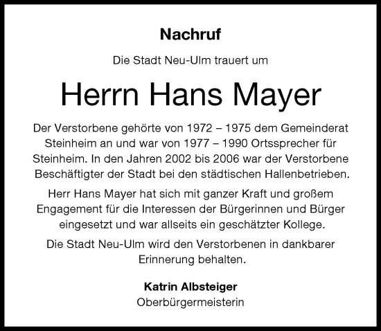 Traueranzeige von Hans Mayer von Neu-Ulmer Zeitung