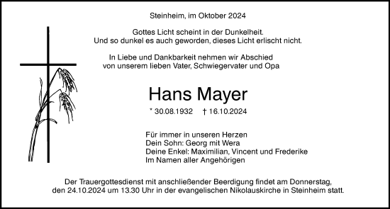 Traueranzeige von Hans Mayer von Augsburger Allgemeine, Neu-Ulmer Zeitung