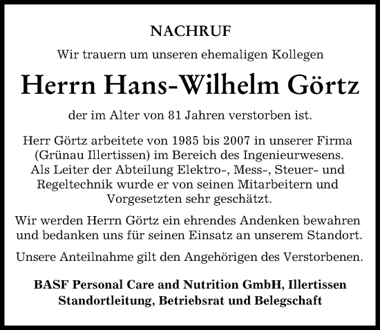 Traueranzeige von Hans-Wilhelm Görtz von Illertisser Zeitung