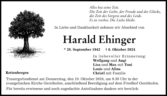 Traueranzeige von Harald Ehinger von Augsburg-Land, Augsburger Allgemeine, Aichacher Nachrichten