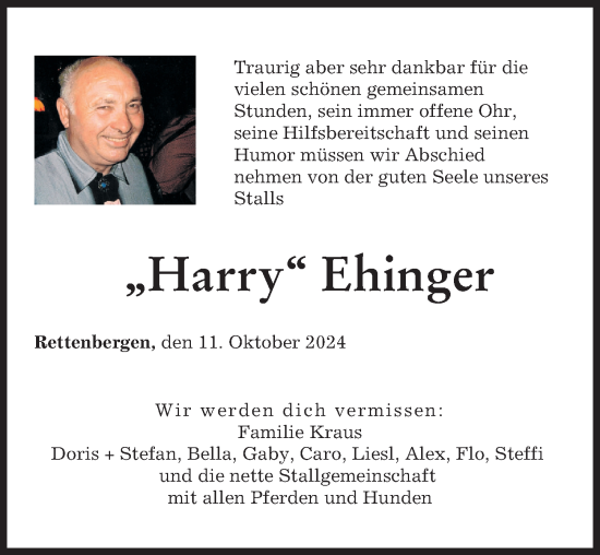 Traueranzeige von Harry Ehinger von Augsburger Allgemeine