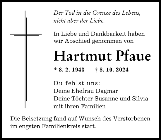 Traueranzeige von Hartmut Pfaue von Augsburger Allgemeine