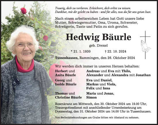 Traueranzeige von Hedwig Bäurle von Mindelheimer Zeitung