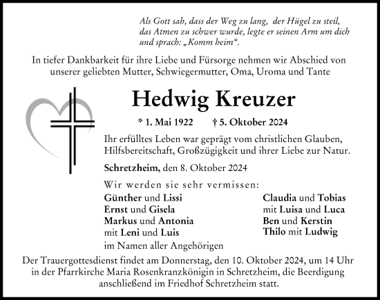 Traueranzeige von Hedwig Kreuzer von Donau Zeitung
