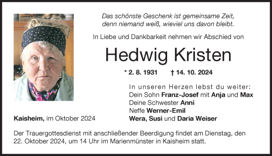 Traueranzeige von Hedwig Kristen von Donauwörther Zeitung