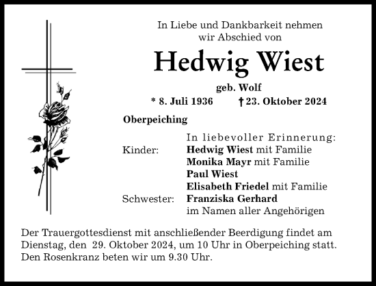 Traueranzeige von Hedwig Wiest von Aichacher Nachrichten