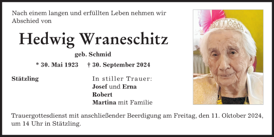 Traueranzeige von Hedwig Wraneschitz von Friedberger Allgemeine
