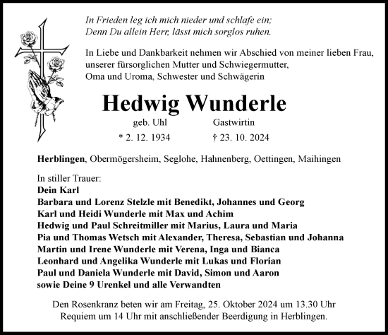 Traueranzeige von Hedwig Wunderle von Rieser Nachrichten