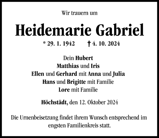 Traueranzeige von Heidemarie Gabriel von Donau Zeitung