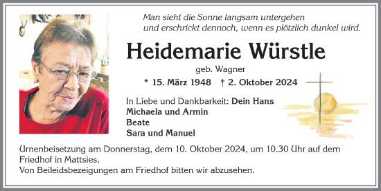 Traueranzeige von Heidemarie Würstle von Mindelheimer Zeitung